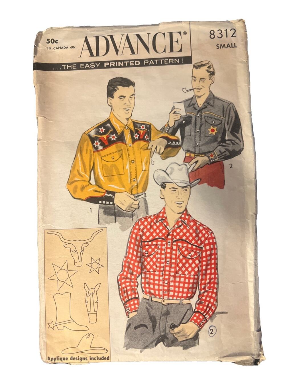 Vtg Advance 8312 Western Rockabilly Shirt Sewing Pattern & Transfer Small Uncut